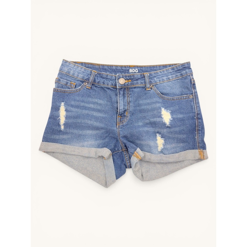 BDG Alexa Denim Shorts 28 Distressed Cuffed Mid Rise Stretch Blue Y2K Indie Boho